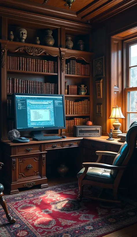  on the floor, there is a large, long and narrow processor for the magic computer in the wizards office.  in the background of the magic book shelf . there is no table in the picture .   theirfrontal image