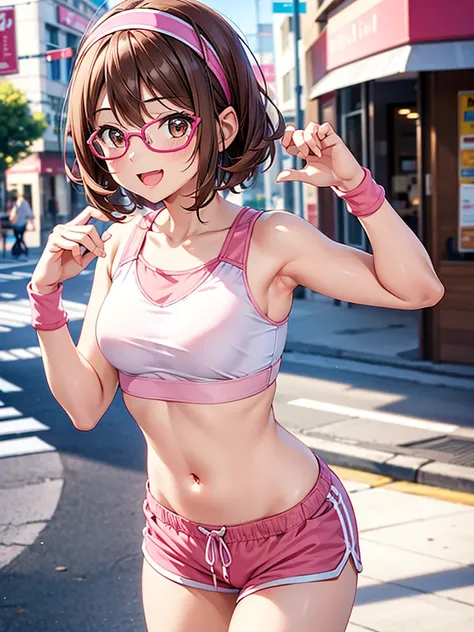 4K quality,cute,Brown Eyes, with brown hair,30-year-old woman,solo, small breasts, pink sports bra, pink shorts, pink headband, short hair,Glasses,Open mouth smiling, blurry background,  downtown during the day,