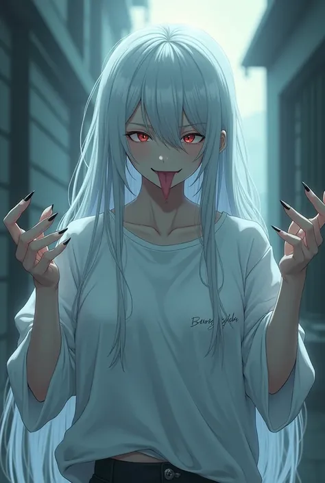 Anime woman ghost girl with white long hair flaps her tongue, raises both hands, fingers bent into palms, long black nails, wears a big white T-shirt, torn clothes, pale skin and messy hair