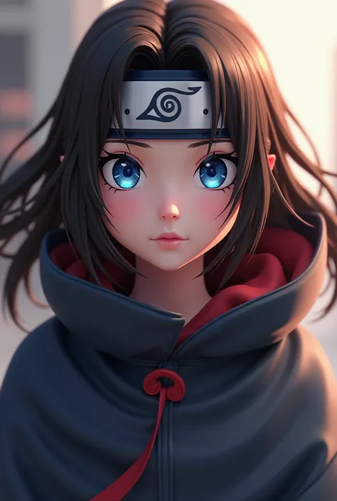 Anime Naruto 3d anime girl Uchiha headband she has blue eyes she has brown hair she is wearing a cape 