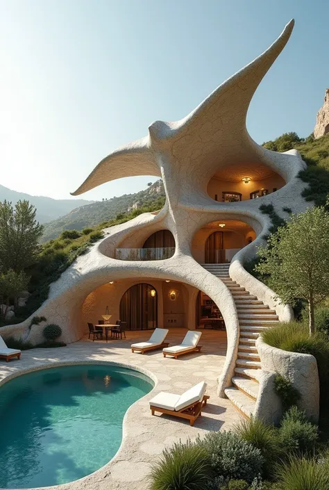 Generate a building form inspired by mantaray in antoni gaudi style more practical  in drawing 