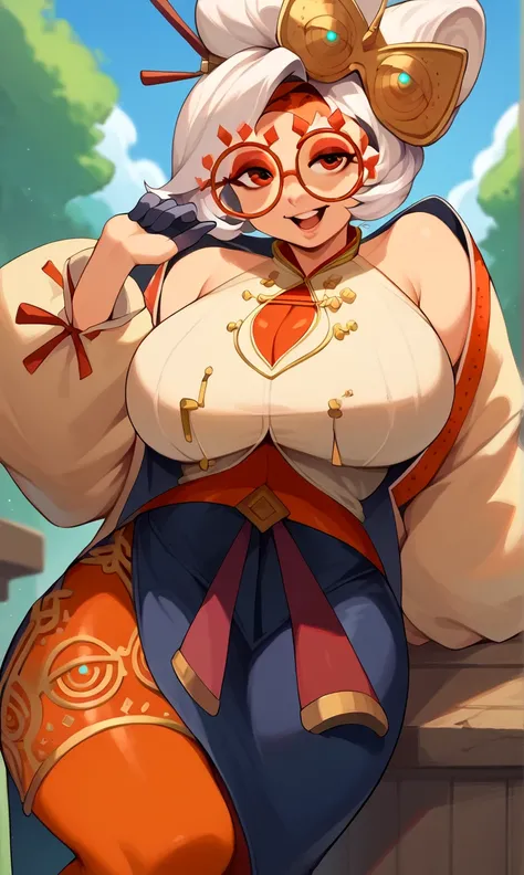 score_9, score_8_up, score_7_up, score_6_up, score_5_up, score_4_up, (source_anime), purah, 1girl, huge breasts, narrow waist, thick thighs, hair ornament, red headband, red glasses, sleeveless shirt, white coat, black skirt, red leggings, gloves, high hee...