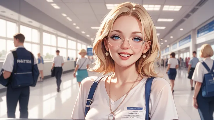 2 blonde woman talking happily, airport as background, The background is blurred, but it appears to be an indoor space with bright lights. The overall mood of the image is cheerful and relaxed.