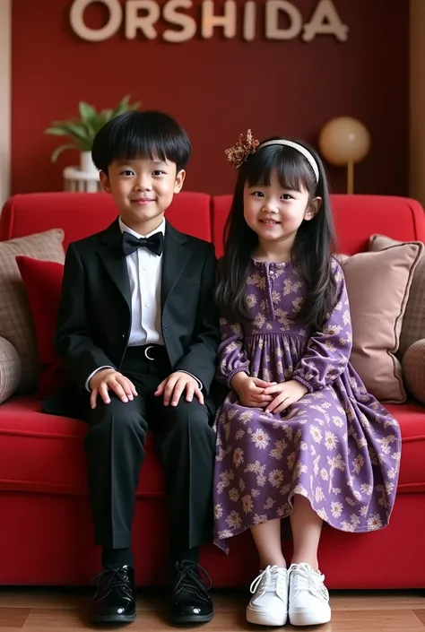 Seorang anak laki-laki indonesia tampan dan imut  age 15, very short black hair,  wearing beautiful dress long sleeves  ,  suit color black shirt white shirt bow tie , black pants,  black shoes ,   and a beautiful and cute girl ,  age 15,  bangs wearing ba...