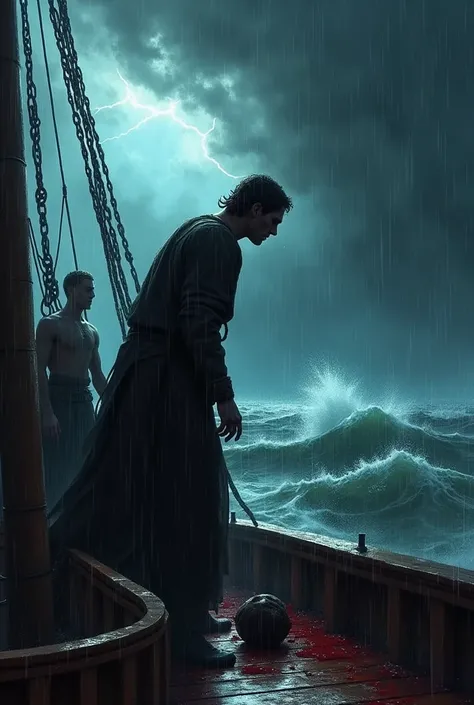  The silhouette of a man being decapitated on the deck of a ship under a storm, with rays briefly illuminating the scene .