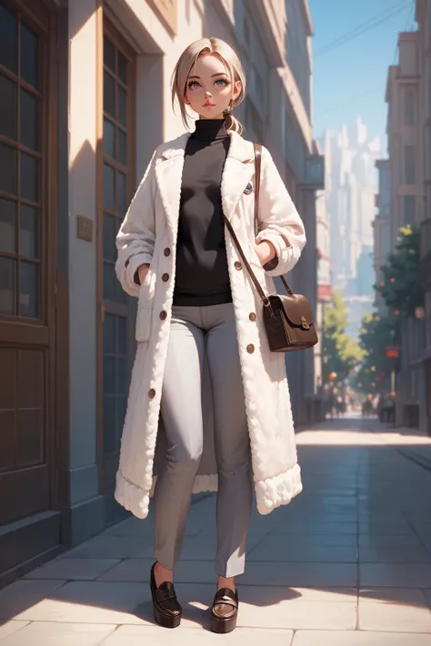 (masterpiece, best quality:1.5), (ultra detailed, high resolution, 8k, beautiful detailed, UHD, best anatomy), Brown Low Ponytail hair, small breasts, 1 girl, Monotone Stylish Look, Black turtleneck sweater, gray wide pants, platform loafers, black long wo...