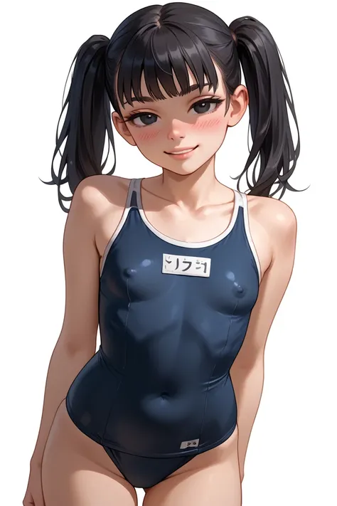 cute young girl, (young), (alone), (teen), (1girl), (solo), school one-piece swimsuit, thick thighs, cute small breasts, perky breasts, covered nipples, lean belly, narrow waist, skinny body, twintails black hair, black eyes, shy smile, sealed lips, lookin...