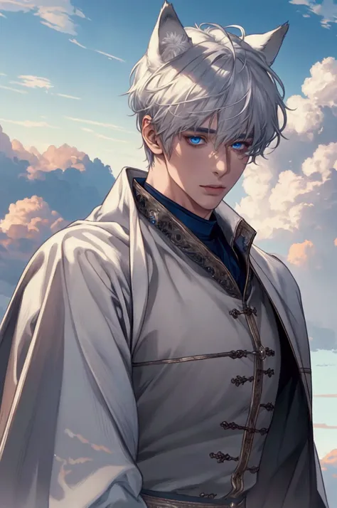 ( realistic:1.37,  best quality , 4K, 8k,  high resolution, masterpiece:1.2)  very detailed , Accurate eyes, young, 1 male,  very handsome,  white skin ,  silver hair,  short hair above the clouds,  blue eyes on Adobe, wolf ears, bust, looking at viewer, m...