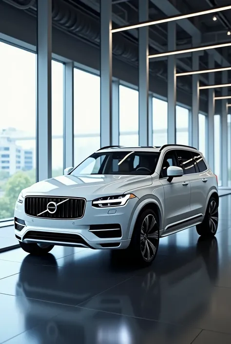 A high-resolution front side view of a sleek, modern white Volvo XC90 2025 from the back. The car has a realistic design with a sharp and front grill. The car is parked in modern high-tech showroom space with large glass windows and decor. The setting is w...