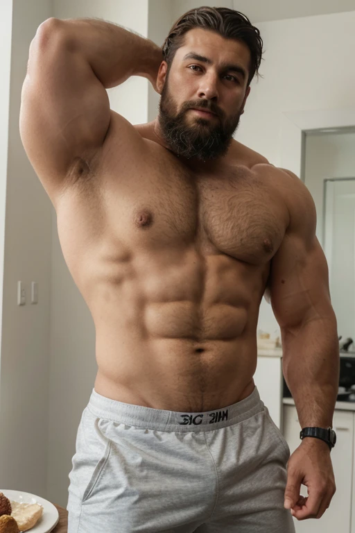 1 man,      has a thick beard,  Handsome, Sporty man, whole body     , Middle Easterners (    Very Messy Short Hair    :1.1), (  1  .1), (     and put his hands in his pocket      :1.1), (  ,  Strong  、  Strong Biceps 30 Year Old Man  ）（    furry chest    ...