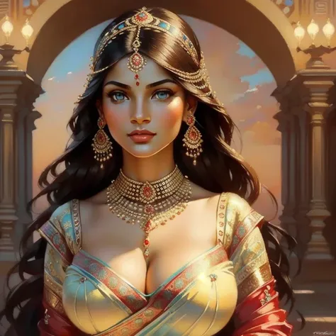 perfect sexy eyes , fantastic face, Indian, look nice, (( sexy lips , Bright Eyes, .5)), (( very large beautiful details huge huge gigantic breasts )), (straight neckline, rounded and ultra large , no sagging breasts), A glorious beautiful,  glorious gorge...