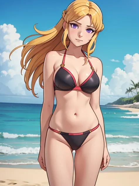 masterpiece, best quality, 1girl, Clarisse (Fire Emblem), long blonde hair, purple eyes, black bikini bra, red bikini bottom, sunny day, beach, a nice view of the ocean
