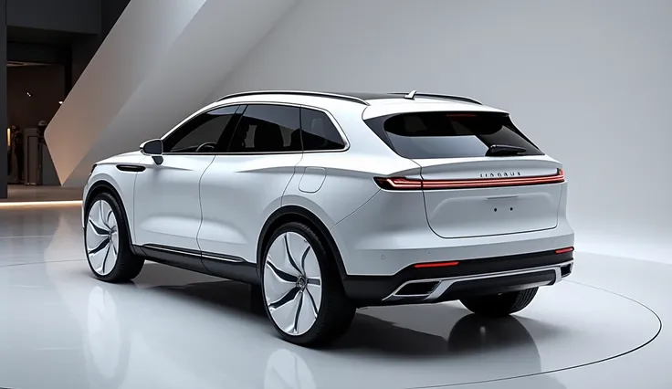 Give me a most beautiful image of ( 2025 Lincoln Nautilus ) ( Shinning White ) half side back view in showroom with white wheels and white body mirrors mirrors the taillights should be on the back plates reads ( Nautilus  ) with beautiful colour and style