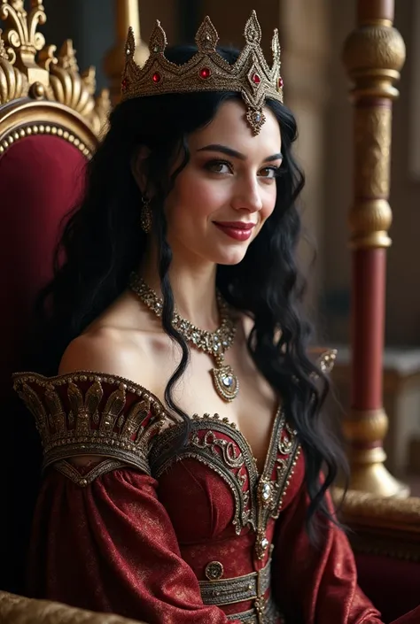 Female vampire in her early 20s with white skin tone, voluminous black hair, crimson eyes, wearing a brown and maroon tribe warrior queen with a sparkly effect outfit plus wearing diamond amulet along with a diamond crown, great physique, great beauty, in ...