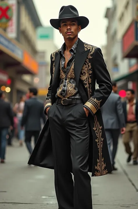  A young man dressed like a pachuco on the streets of Los Angeles, challenging society with his dress and attitude .