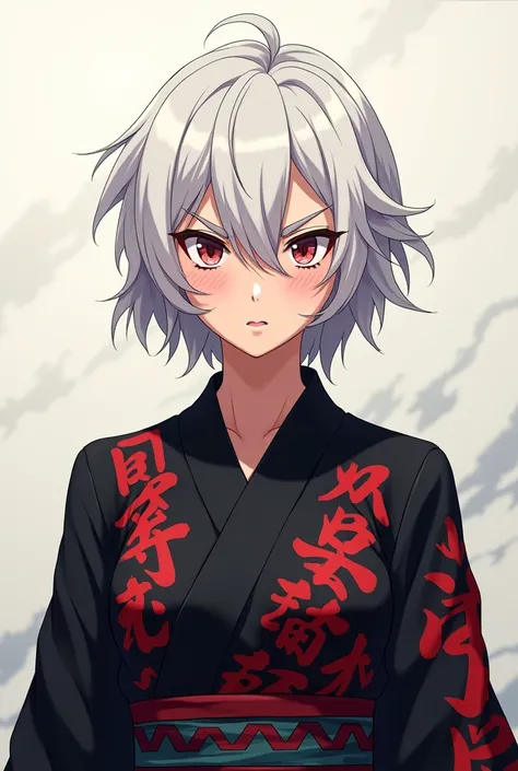 Middle-aged female anime character in her 90s, short white hair, Looking arrogant and superior , wearing a black kimono with sword designs in red on the fabric 