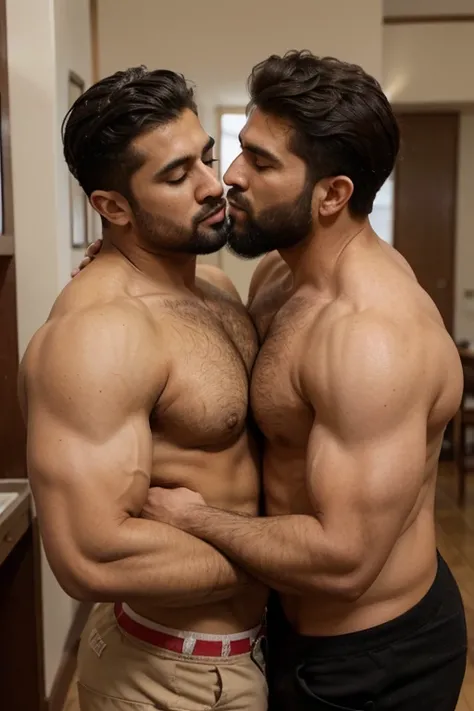 2 men, 1 Middle Eastern ， 1 Indian hugging and kissing ， with a thick beard ,   Handsome, Sporty man, whole body     , Middle Easterners (     Very Messy Short Hair     :1.1), (  1  .1), (      with his hand in his pocket       :1.1), (  ,  Strong  、  Stro...