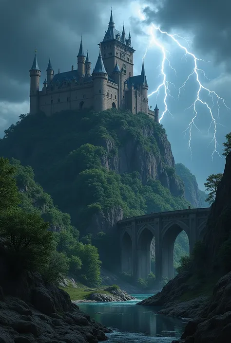 The image depicts a dramatic scene featuring a grand castle perched on a rocky hill, surrounded by lush green vegetations.
   - The castle is a complex structure composed of multiple buildings with varying architectural styles.
   - There are several tower...