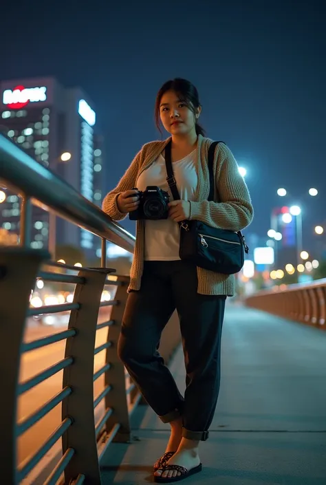 Indonesian Female Realistic Photographer, 20 years Slightly fat body wearing a Cardigan and Long pants. Hair tied neatly. while carrying a sling bag and DSLR camera. Sandals. Wearing Standing and leaning on the bridge while looking at the Camera. with a ta...