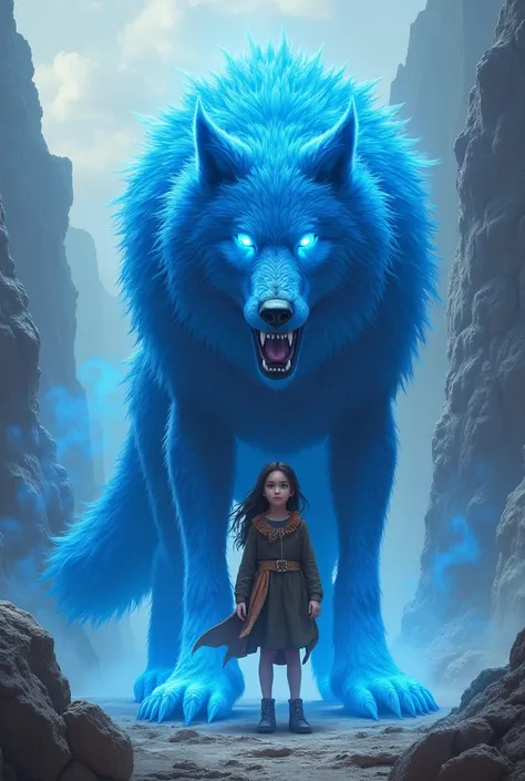 Can you please generate an image of a young girl being shielded by a massive, glowing blue wolf with multiple tails. Can the girl look scared, while the wolf bares its fangs. Please make the background rocky and mountain-like.