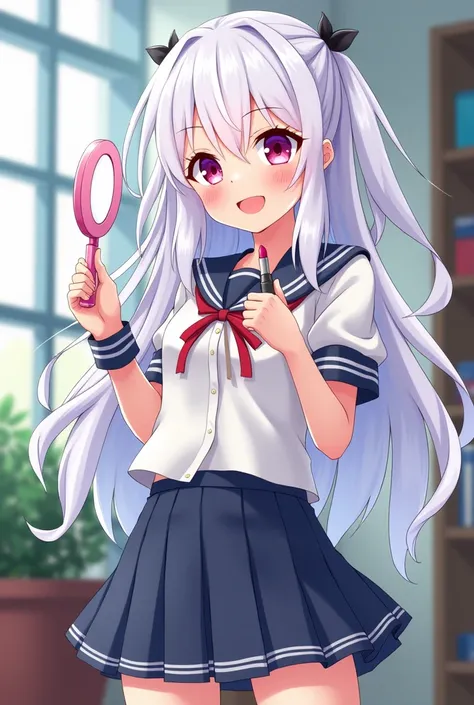 An anime girl Dan da dan , with voluminous long white hair, pink eyes,At school,  wearing a short skirt uniform ,  holding lipstick and mirror .