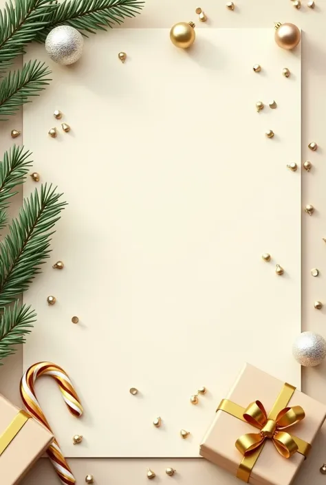 Create a holiday greeting card with the following design elements:
-Christmas and New Year Greeting Card
•	Background: Beige with a soft, gentle gradient effect.
•	Visual elements:
o	A realistic pine branch (fir tree) on one side of the card.
o	A few golde...