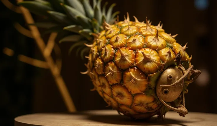 art photo, an ultra-luxurious pineapple displayed as a symbol of opulence, priced at 1.4 million yen. The pineapple, with its golden skin glowing under soft, dramatic lighting, rests on
