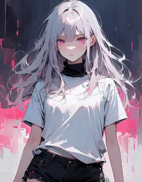 , Medium chest, empty expression ,  gray hair ,  matted hair ,  long hair, Pink Eyes, white short sleeve shirt with black turtleneck,  black shorts,  Cowboy Shooting ,
