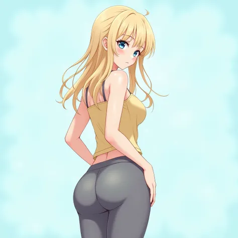 anime, female, long blonde hair, blue eyes, light yellow tank top, grey leggings, abstract light blue background, from behind, looking back over shoulder, neutral face, tucked-in tank top, hourglass figure, soft, side swept bangs, hair bangs, slightly conf...