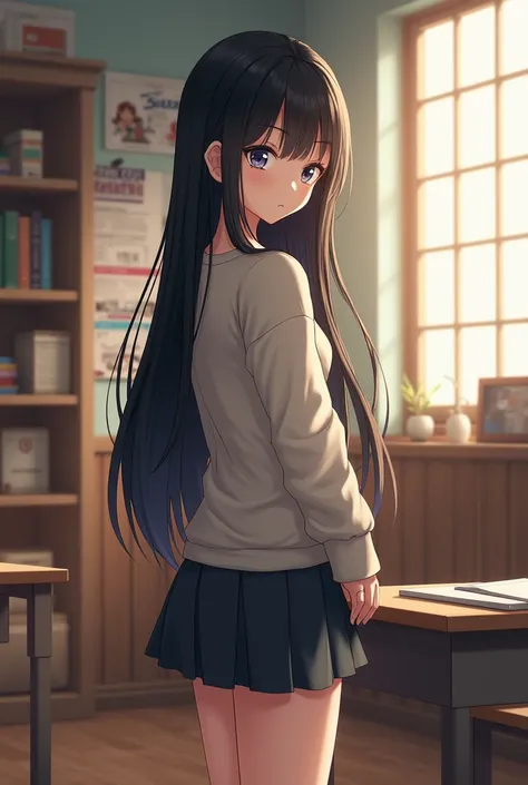 Believe a tall and slender girl , bright-eyed ,  black hair long to the middle of her back dressed in casual clothes,  she is in a school classroom 