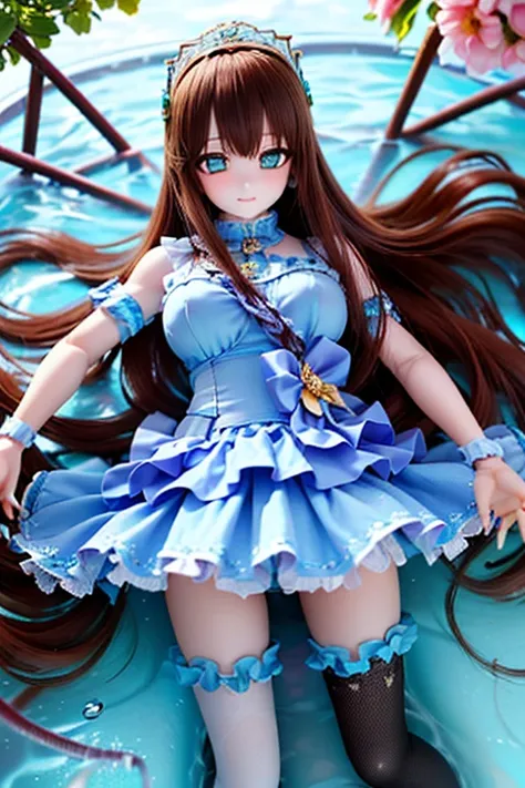 (SFW:2), photorealistic, realistic photo, 8k, Canon EOS, ((highest quality)), ((masterpiece)), (extremely detailed), dd, doll, idol dress, (mature woman, 23yo, 23_years_old, solo:1.6), (from above, lying on water bed, tiara, brown hair, long hair, idol dre...