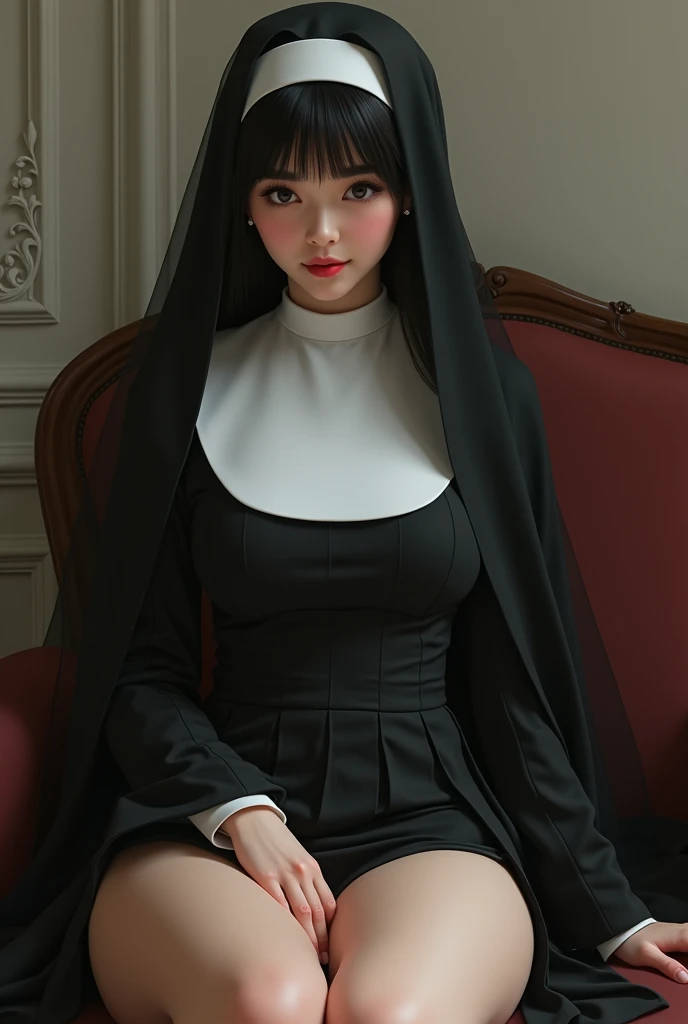  Realistic image of a nun  , Young, beautiful, Black hair with bangs ,  wearing a classic Catholic habit  ( very short pleated dress), sitting, sensual pose, , white panties  ,visible,  sculptural body,  WIDE HIP ,  thin waist ,  thick legs .  discreet smi...