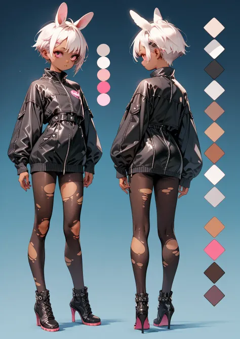 fullbody, character sheet, sexy dark skin loli leotard, latex, bunnygirl, playboy, casual clothes, punk clothes, white hair, pink eyes, heels, torn pantyhose, sexy, short hair