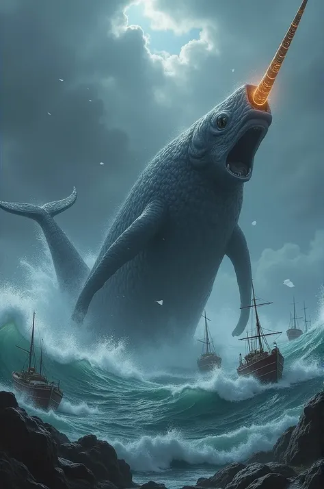 A mutant narwhal emerges from the surface destroying all ships 
