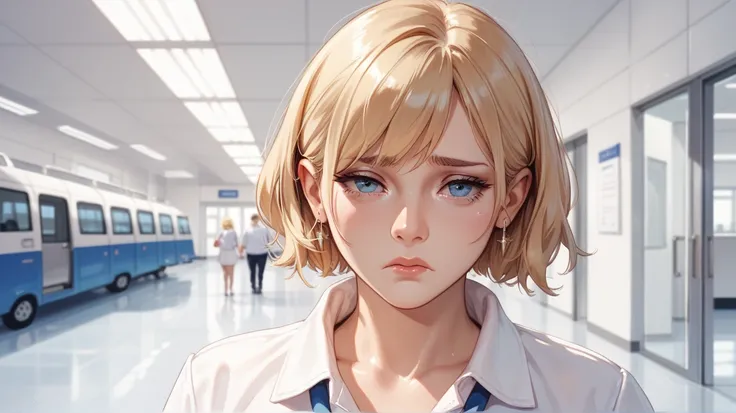 1 woman, blonde hair, sad, airport as background