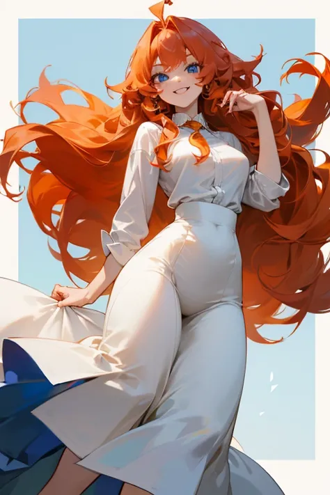 Mereoleona orange hair、grin,bangs,long hair,  Cowlick at the whorl,Big Breasts,blue eyes, Thighs、look at me,Anatomically Correct ,she haves fang,Line of sight, white shirt,long skirt