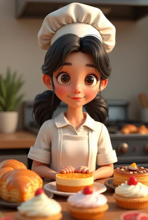  3d animation of an 18-year-old girl with light brown skin, with straight hair and black eyes ,  chefs hat and pastry products  