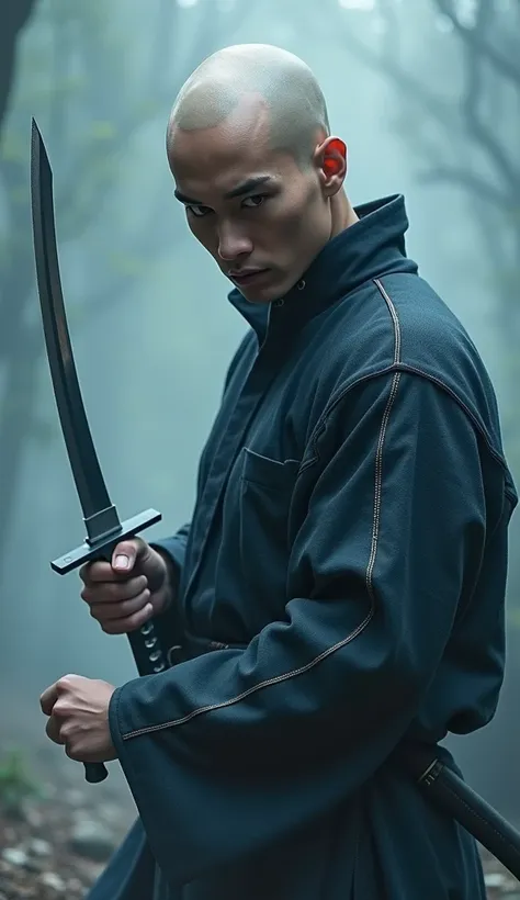 anime,  Mysterious bald Ninja , Swinging a dagger ,  Splitting with each strong blow ,  Shrouded in mist that obscures vision ,  Revealing vivid and surreal scenes ,  The cut of the blade clearly stands out against the blurred background., mysterious backg...