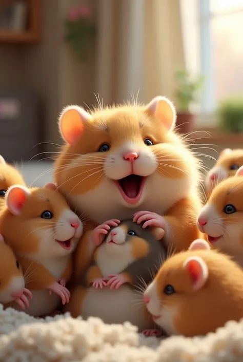 High definition image of hamster celebrating and cuddling with other hamsters