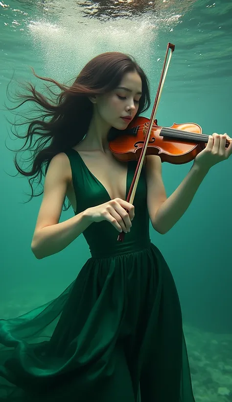 :
A captivating underwater shot of a tall woman with alabaster skin and jet-black, wavy hair wearing a deep-neck emerald green satin dress with a fitted bodice highlighting her fuller chest. She cradles an elegant wooden violin, her fingers brushing its st...