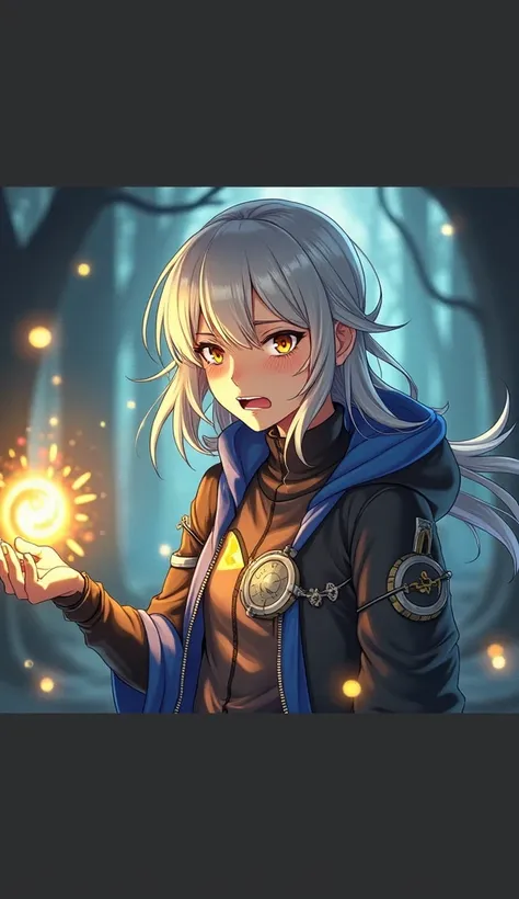  Kael - The Keeper of Time

Age :  

Appearance :
 Silver hair that shines slightly when using her power ,  golden eyes with clock-shaped marks when activating the crystal.  Bring a black and blue jacket with metallic details,  that resemble gears  ( Anime...