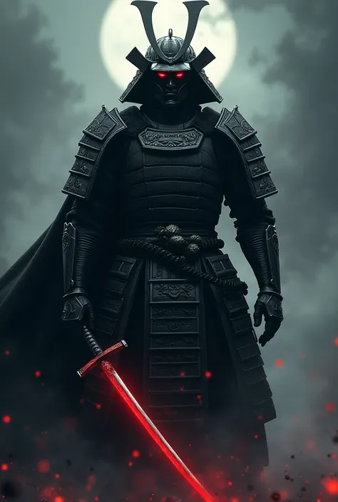 Create a big samurai with a dark suit and red eyes with a big katana 