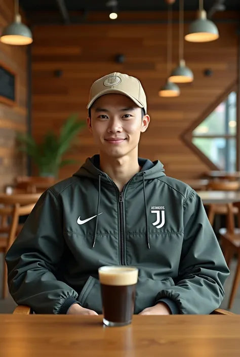 A 20-year-old bald-haired Indonesian man, wearing a beige baseball cap and parachute jacket with the Juventus logo on the left chest, sits comfortably on a wooden chair with a glass of black coffee in front of him. This backdrop features minimalist wood-th...