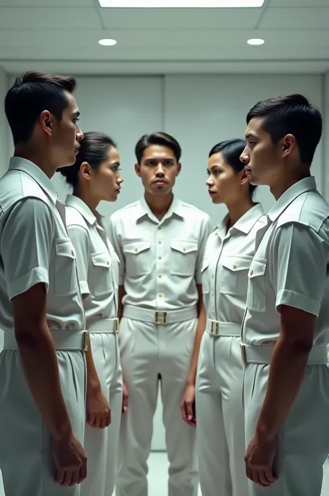 Five cadets from the Colombian national army met in a room to discuss an issue because they were angry and dressed in white. 