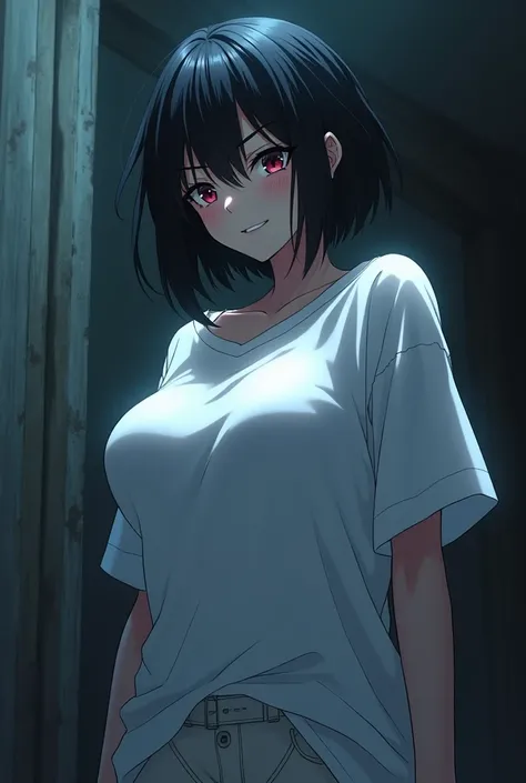 Anime tall ghost girl, short black hair, smiling, with small fangs, black mischievous appearance, wearing a big white T-shirt, a big white T-shirt, opening one of the shoulders, a glaring shirt, not wearing pale pants, and messy hair, big breasts, pretendi...