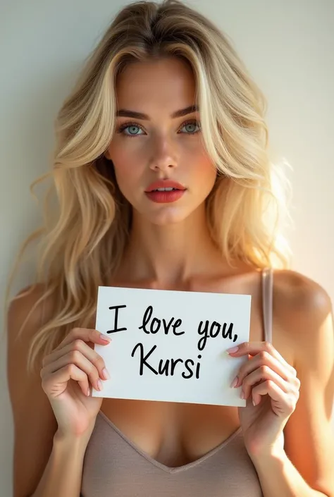 A beautiful girl with blonde hair is sexy and has a sign that says I love you, Kursi