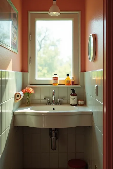 Create a small bathroom from a 90s-themed bar .  The bathroom has a small white sink and a rectangular window above the sink