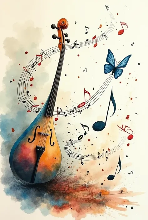  abstract musical ,  musical notes ,  instrument sketches , Musical magic ,  drawing in ink and soft watercolor, award-winning painting. 