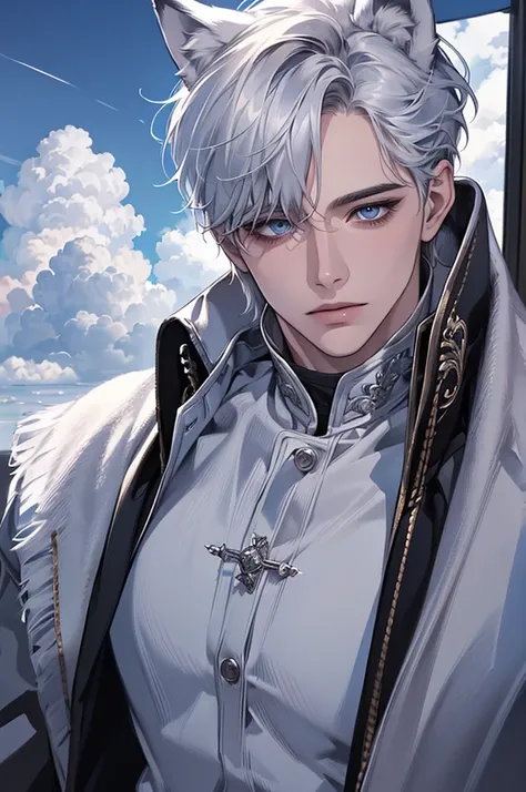 ( realistic:1.37,  best quality , 4K, 8k,  high resolution, masterpiece:1.2)  very detailed , Accurate eyes, young, 1 male,  very handsome,  white skin ,  silver hair,  short hair above the clouds,  blue eyes on Adobe, wolf ears, bust, looking at viewer, m...