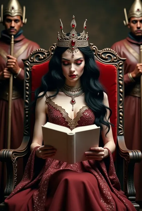 Female vampire in her early 20s with white skin tone, voluminous black hair, crimson eyes, wearing a brown and maroon tribe warrior queen with a sparkly effect outfit plus wearing diamond amulet along with a diamond crown, great physique, great beauty, in ...